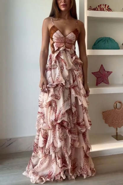 Ariae Butterfly Print Multi-layered Ruffles Backless Tie-up Maxi Dress-consonak