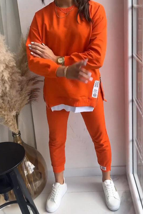 Solid Color Round Neck Long-sleeved Sweatshirt and Elastic Waist Pants Set-consonak