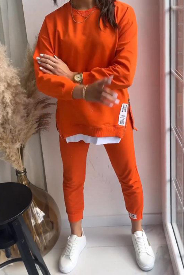 Solid Color Round Neck Long-sleeved Sweatshirt and Elastic Waist Pants Set-consonak