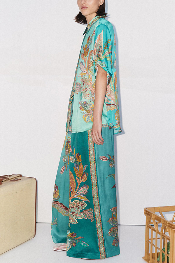 Somewhere Sunny Satin Botanical Print Elastic Waist Pocket Wide Leg Pants-consonak