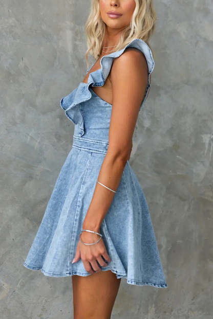Sweet Secret Denim Square Neck Ruffle Sleeve Stretch Mini Dress-consonak