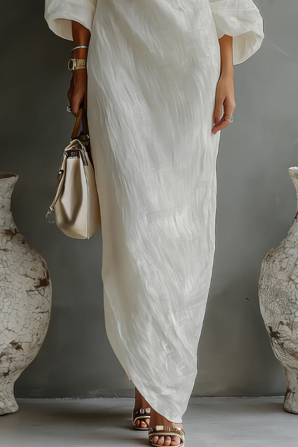 Linen Blend Loose-fitting Slanted Neck Lantern Sleeve Casual Maxi Dress | Consonak