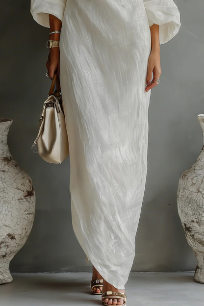 Linen Blend Loose-fitting Slanted Neck Lantern Sleeve Casual Maxi Dress