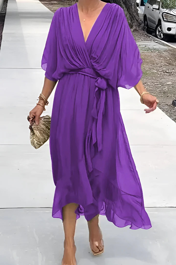 Solid Color V-neck Bat Sleeve Lace-up Irregular Hem Midi Dress-consonak