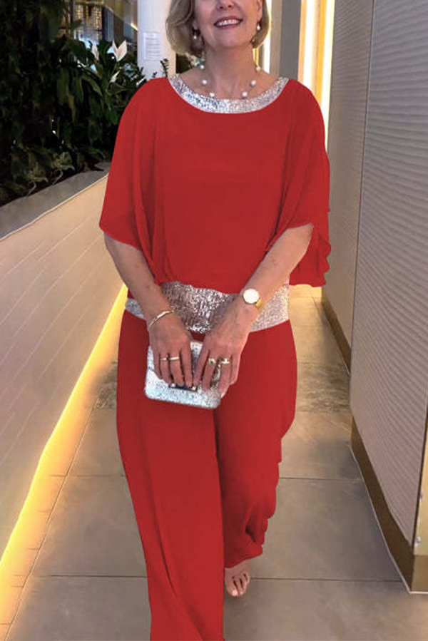 Stylish Sequin Patchwork Dolman Sleeve Top and Elastic Waist Wide Leg Pants Set-consonak