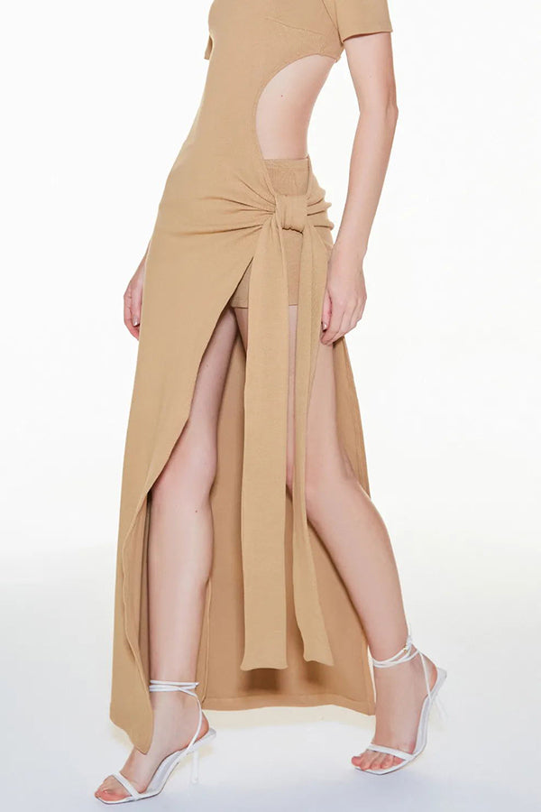Holiday Party Ribbed Knit Cutout Waist Straps Slit Maxi Dress-consonak