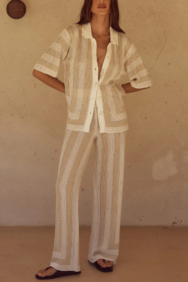 Stylish Knitted Collared Short-Sleeved Button-Up Top and Elastic Waist Casual Pants Cover-Up Set