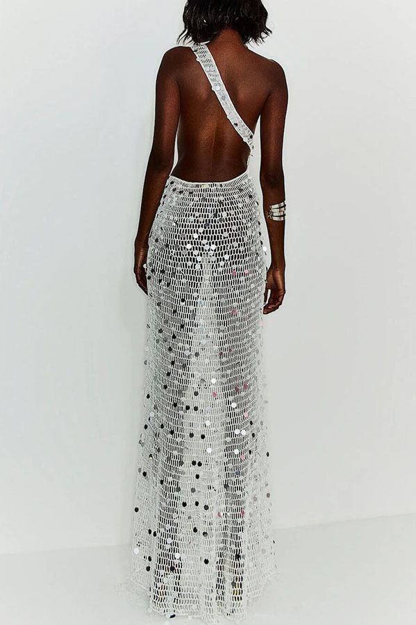 Sunshine Baby Knit Hollow Out Sequin One Shoulder Ring Detail Slit Cover-up Maxi Dress-consonak