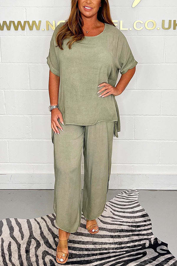 Greyson Flowy Loose Blouse and Elastic Waist Slit Pants Set-consonak