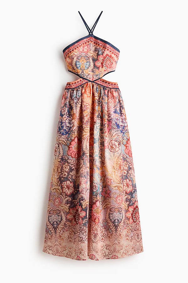 Casie Colorful Floral Print Dress Cutout Waist Back Lace-up Halter Maxi Dress-consonak