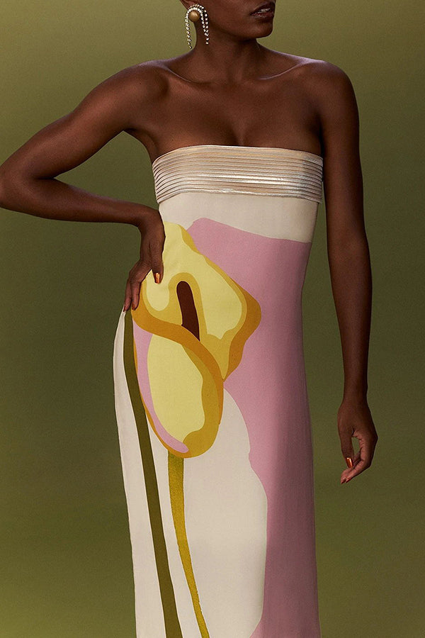 Dalva Calla Lilies Print Pleated Metallic Fabric Patchwork Bandeau Loose Maxi Dress-consonak