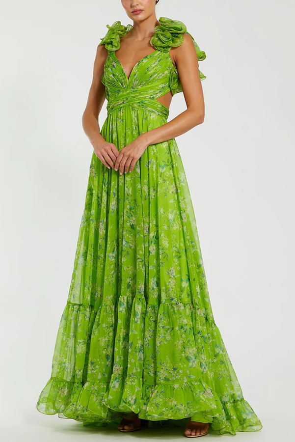 Delicate Garden Chiffon Floral Print Tiered Ruffle Cutout Back Lace-up Gown Maxi Dress | Consonak