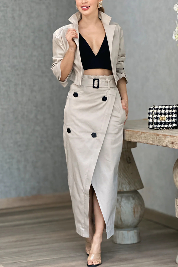 Work Style Lapel Long Sleeve Jacket and Button Belt Pocketed Slit Midi Skirt Set | Consonak