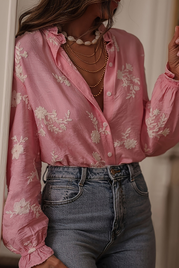 Floral Embroidery Long-Sleeved Button-Up Elegant Shirt-consonak