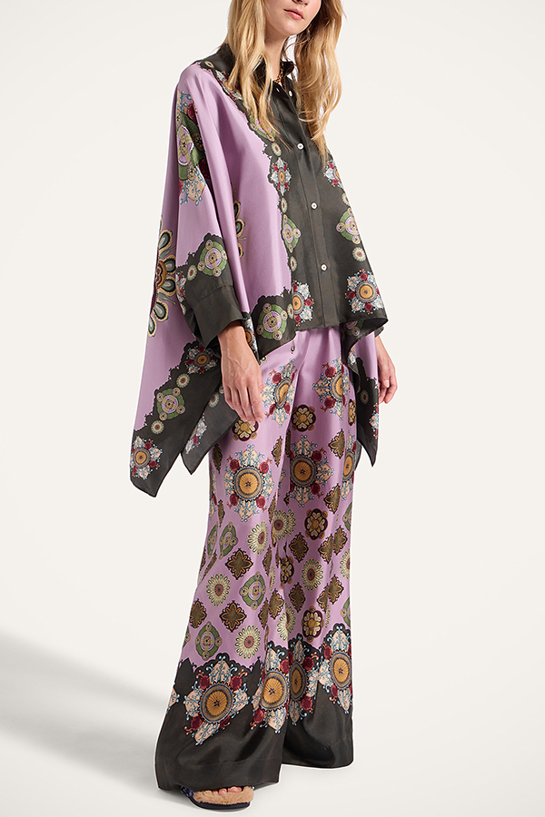 Satin Unique Print Loose Batwing Sleeve Top and Elastic Waist Pocket Casual Wide-leg Pants Set-consonak