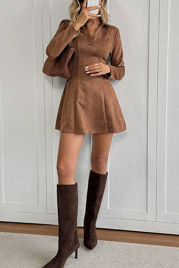 Stylish Suede Collared Long-sleeved Slim-fit Mini Dress-consonak
