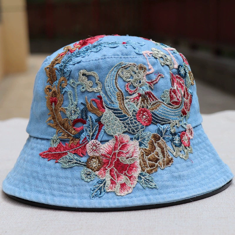 Fashionable Ethnic Style Embroidered Denim Bucket Hat-consonak