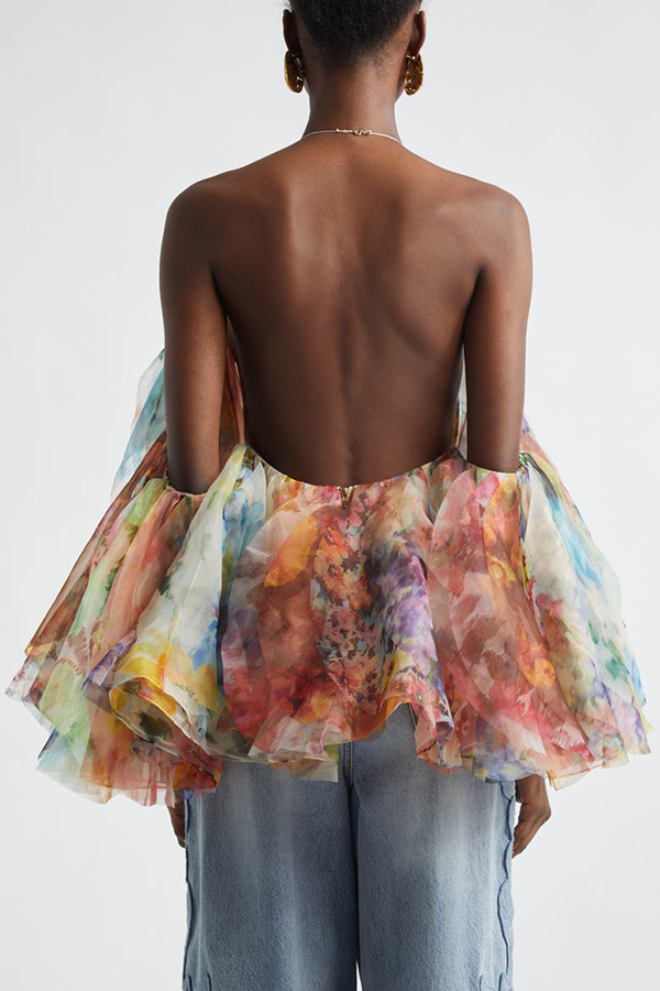 Dreamy Piece Floral Rendered Print Layered Ruffles Fanned Halter Top