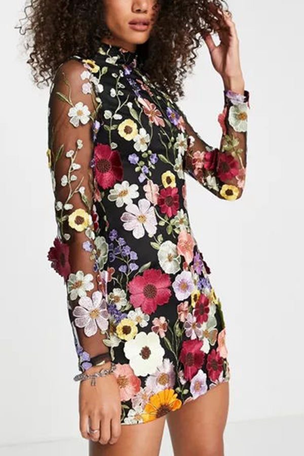 Elegantly Enchanted Floral Applique Backless Long Sleeve Mini Dress | Consonak