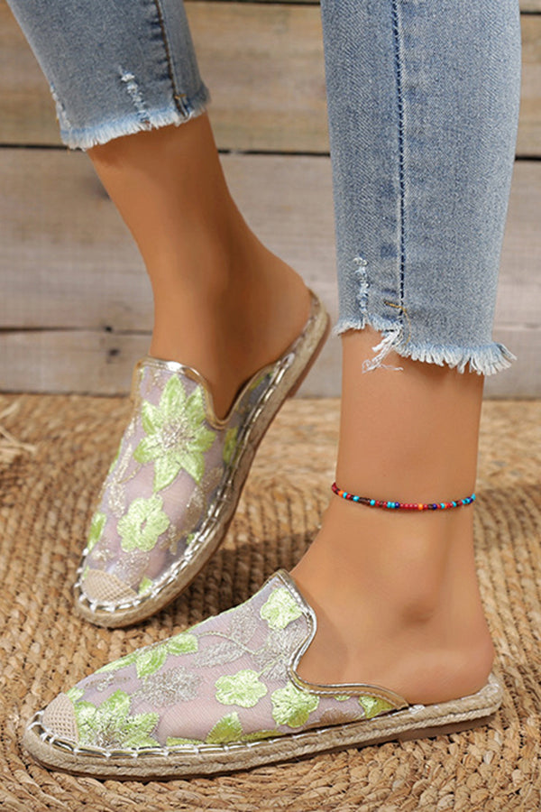 Casual Linen Woven Flat Round Toe Half Slippers-consonak