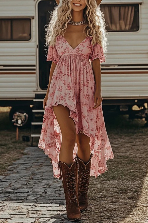 Floral Print V-neck Short-sleeved Fitted Waist Asymmetrical Midi Dress | Consonak