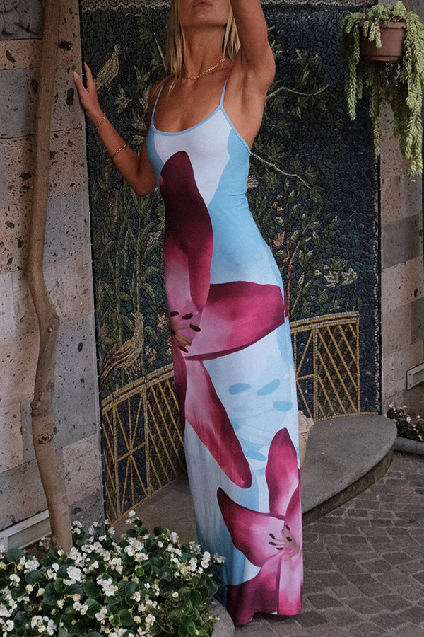 Romantic Beginnings Lily Floral Slip Stretch Vacation Maxi Dress-consonak