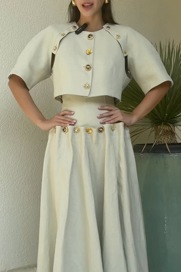 Custom Look Linen Blend Unique Metal Pattern Buttons Slit Half Sleeve Crop Jacket | Consonak