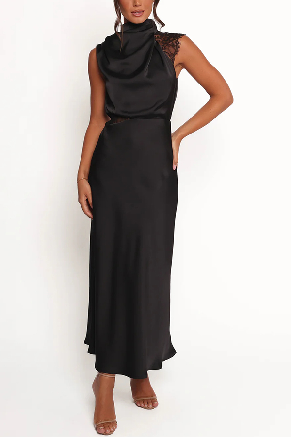 Touch of Allure Satin Drape High Neck Lace Detail Maxi Dress
