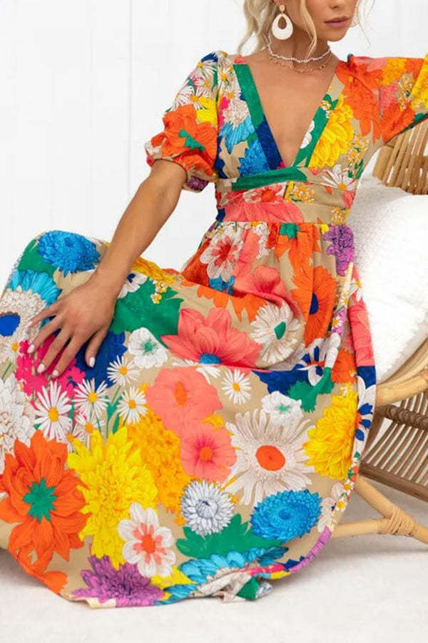 Floral Frenzy Printed Puff Sleeve Back Smocked Maxi Dress-consonak
