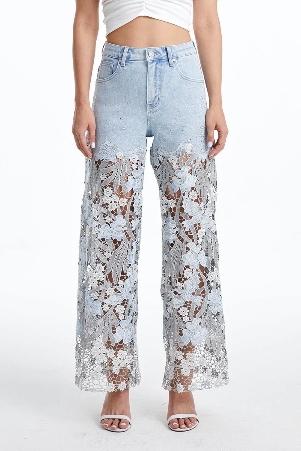 Elegant Lace Openwork Casual Pocket Straight Leg Jeans