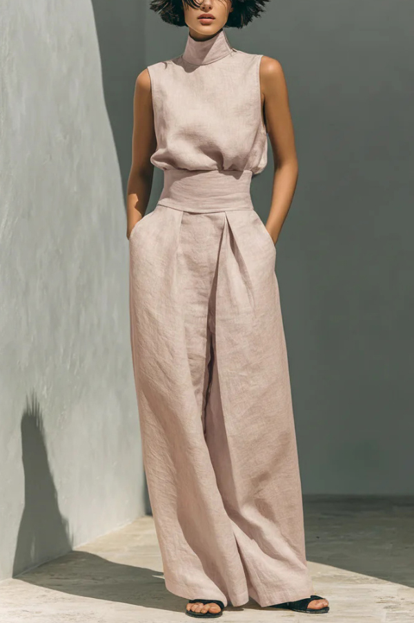 Linen Blend Solid Color Turtleneck Sleeveless Top and Casual High-waisted Elastic Waist Pocket Wide-leg Pants Set