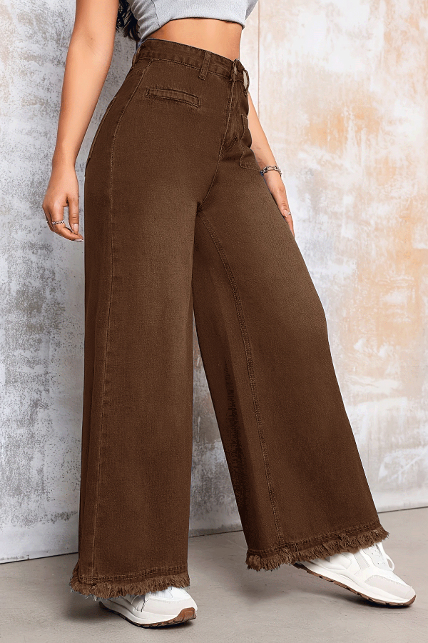 Stylish Loose-fitting Frayed Hem Casual Pocket Wide-leg Jeans