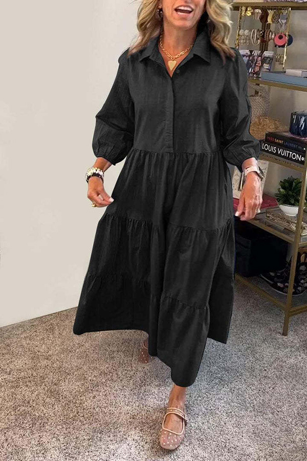 Solid Color Lapel Elastic Cuffs Loose Maxi Dress-consonak