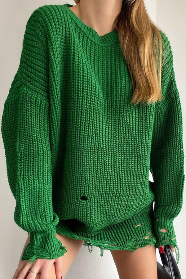 Solid Color Loose Ripped Knitted Mid-length Sweater-consonak