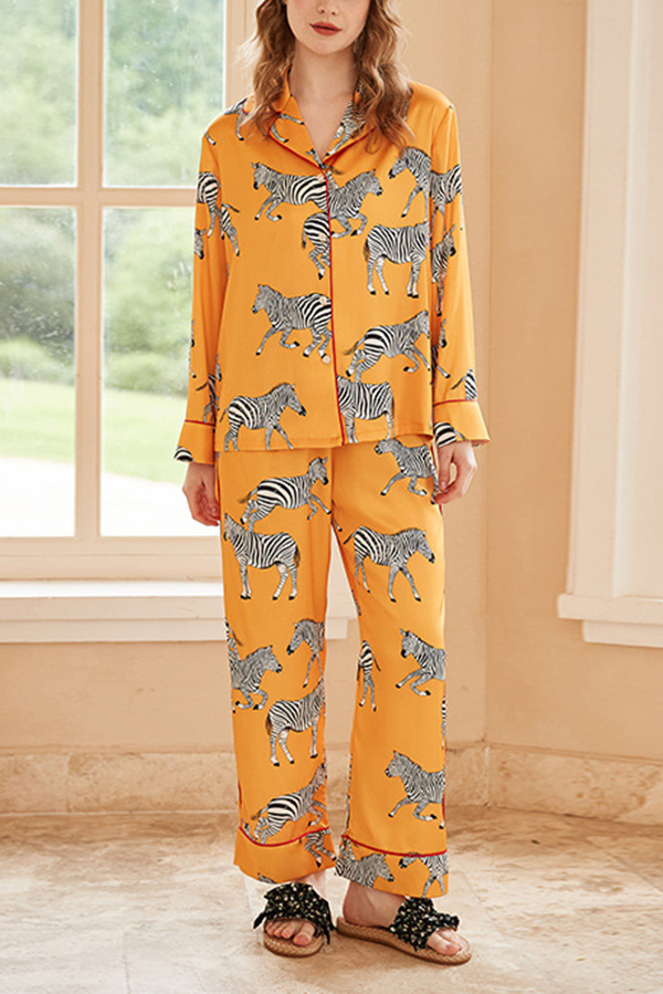 Yellow Zebra Print Home Long-sleeved Two-piece Set | Consonak