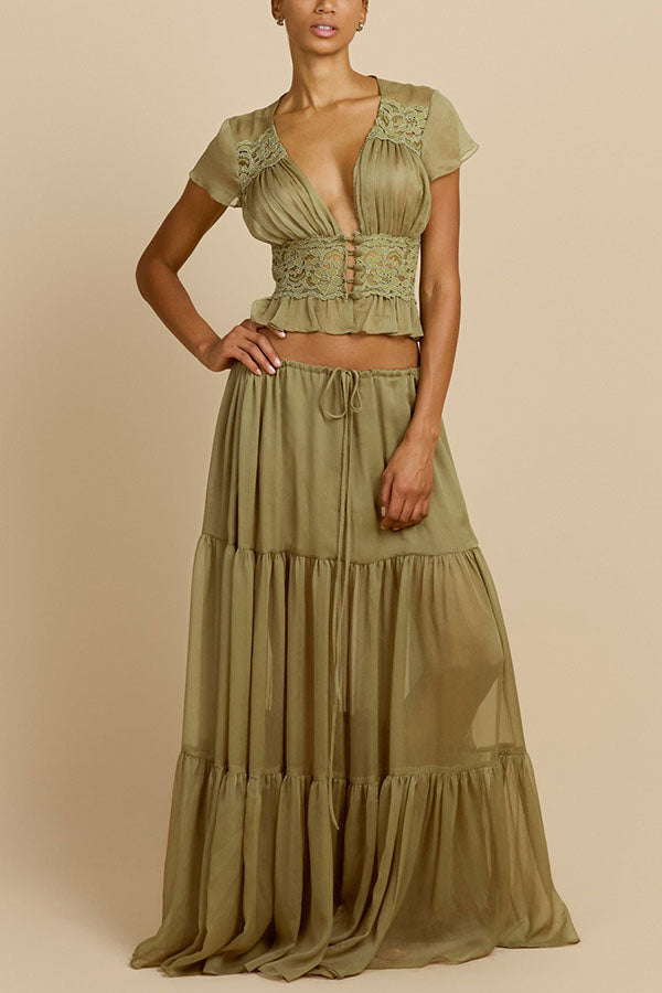 Sabrina Chiffon Lace Trim Button Up Short Sleeve Ruffle Plung Blouse-consonak