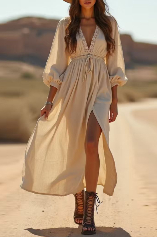 Solid Color Lace-trimmed V-neck Long-sleeved Slit Casual Maxi Dress