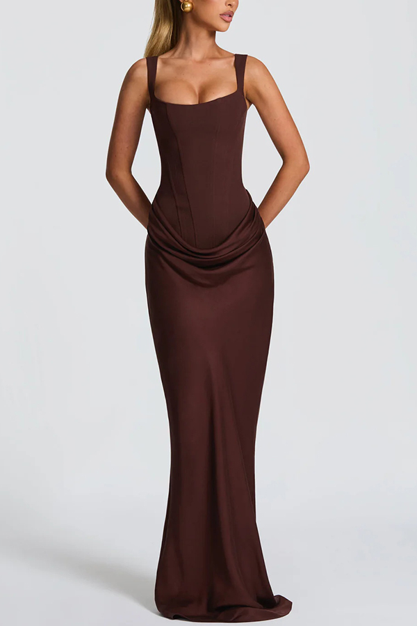 Larrah Square Neck Back Lace-up Satin Drape Hem Maxi Dress | Consonak