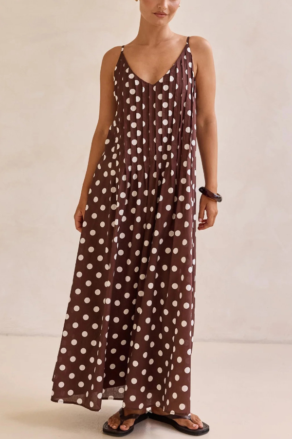 Polka Dot Print V-neck Pleated Casual Vacation Maxi Dress-consonak