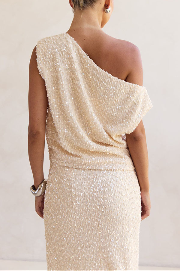 Milla Knit Sequin Asymmetrical Neck Draped Loose Top-consonak