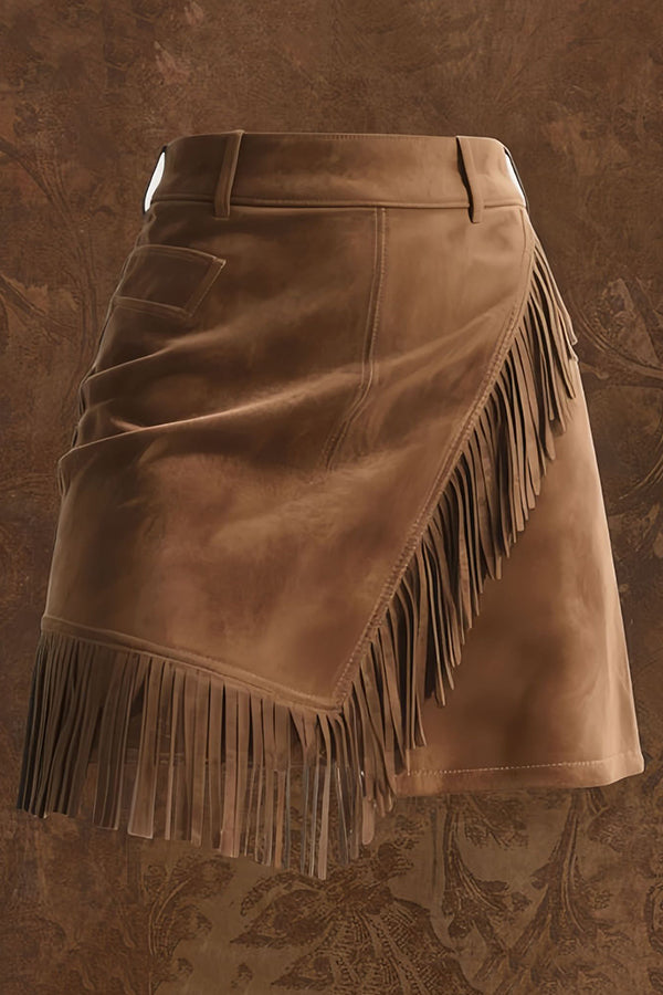 Retro Suede Casual Asymmetrical Fringed Hem Mini Skirt-consonak