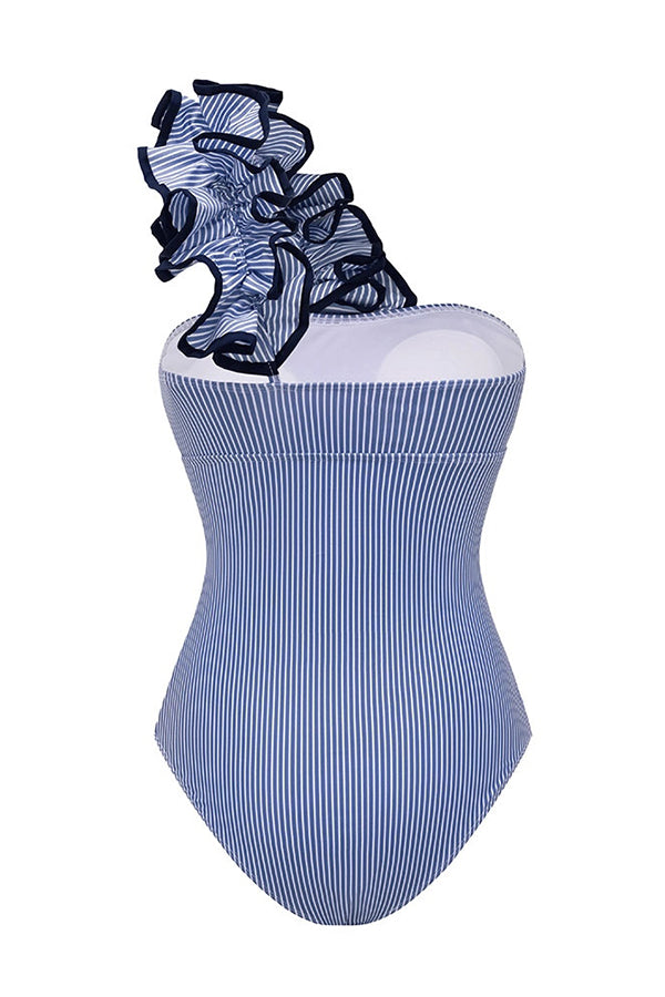 Striped Print One-Shoulder 3D Floral Elastic One-Piece Swimsuit | Consonak