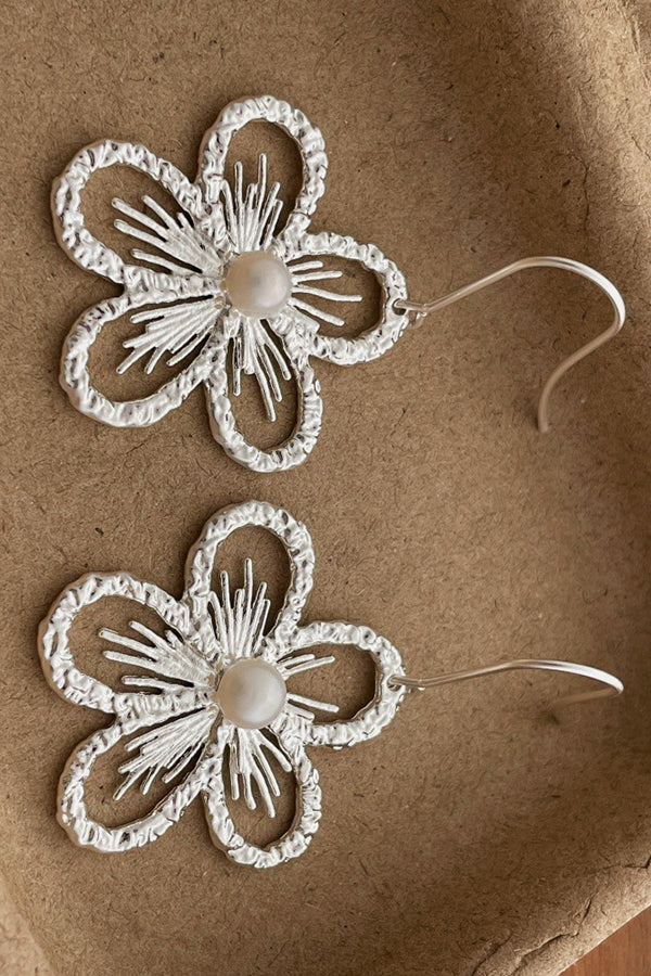 Pearl Openwork Flower Earrings-Consonak