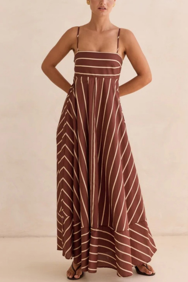 Striped Print Square Neck Spaghetti Strap High Waist Casual Maxi Dress-consonak