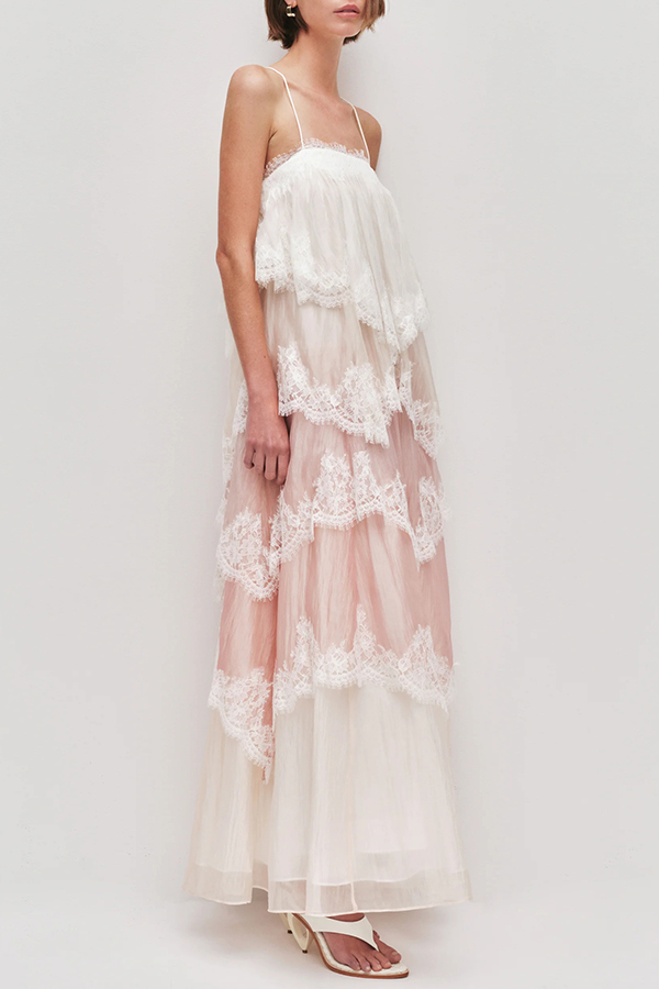 Caroline Gradient Layered Lace Trim Tiers Adjustable Straps Backless A-line Maxi Dress | Consonak
