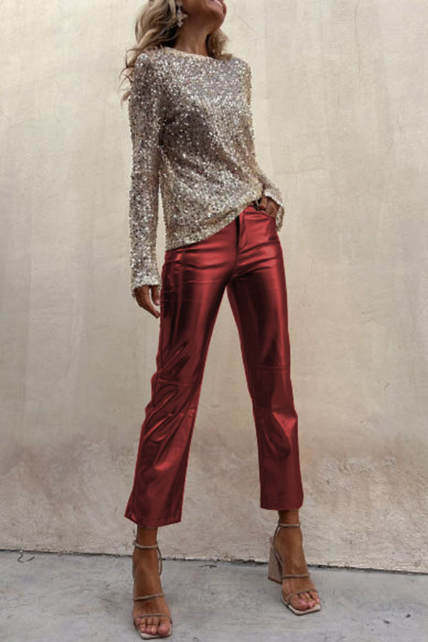 Sinclair Metallic Faux Leather High Rise Pocketed Straight Pants | Consonak