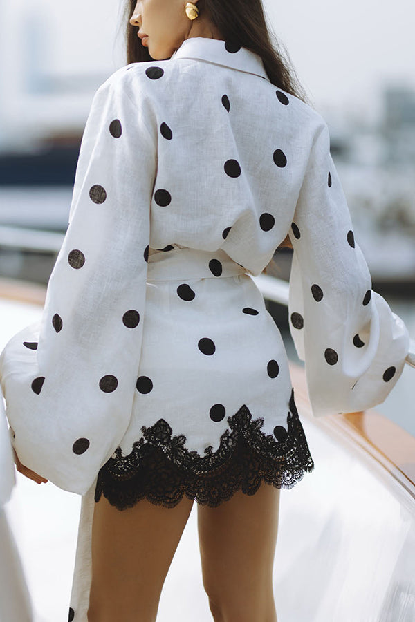 Lulabell Linen Blend Polka Dot Lantern Sleeve Shirt and Warp Tie-up Lace Trim Skirt Set-consonak