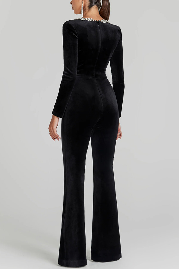 Classic Charm Velvet Jewel Embellished Trim Long Sleeve Flare Jumpsuit | Consonak