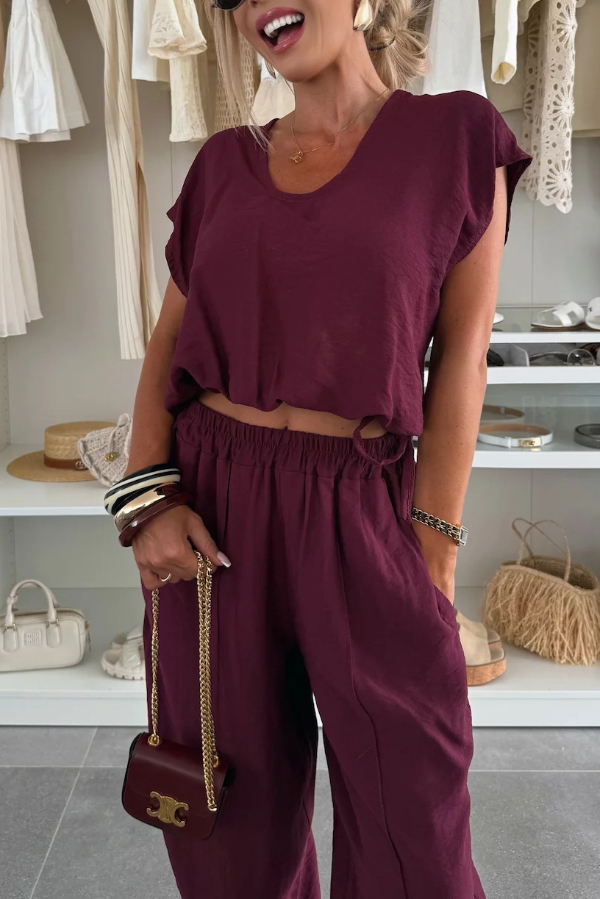 Linen Blend Solid Color V-neck Short-sleeved Top and Elastic Waist Pocket Bloomers Pants Set