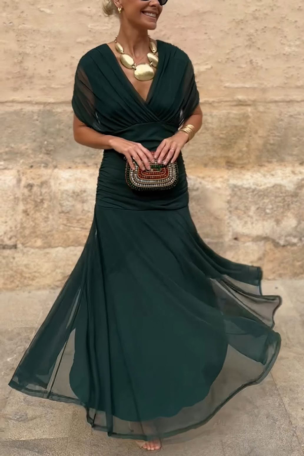 Unique Printed V-Neck Waisted Mesh Holiday Maxi Dress-consonak